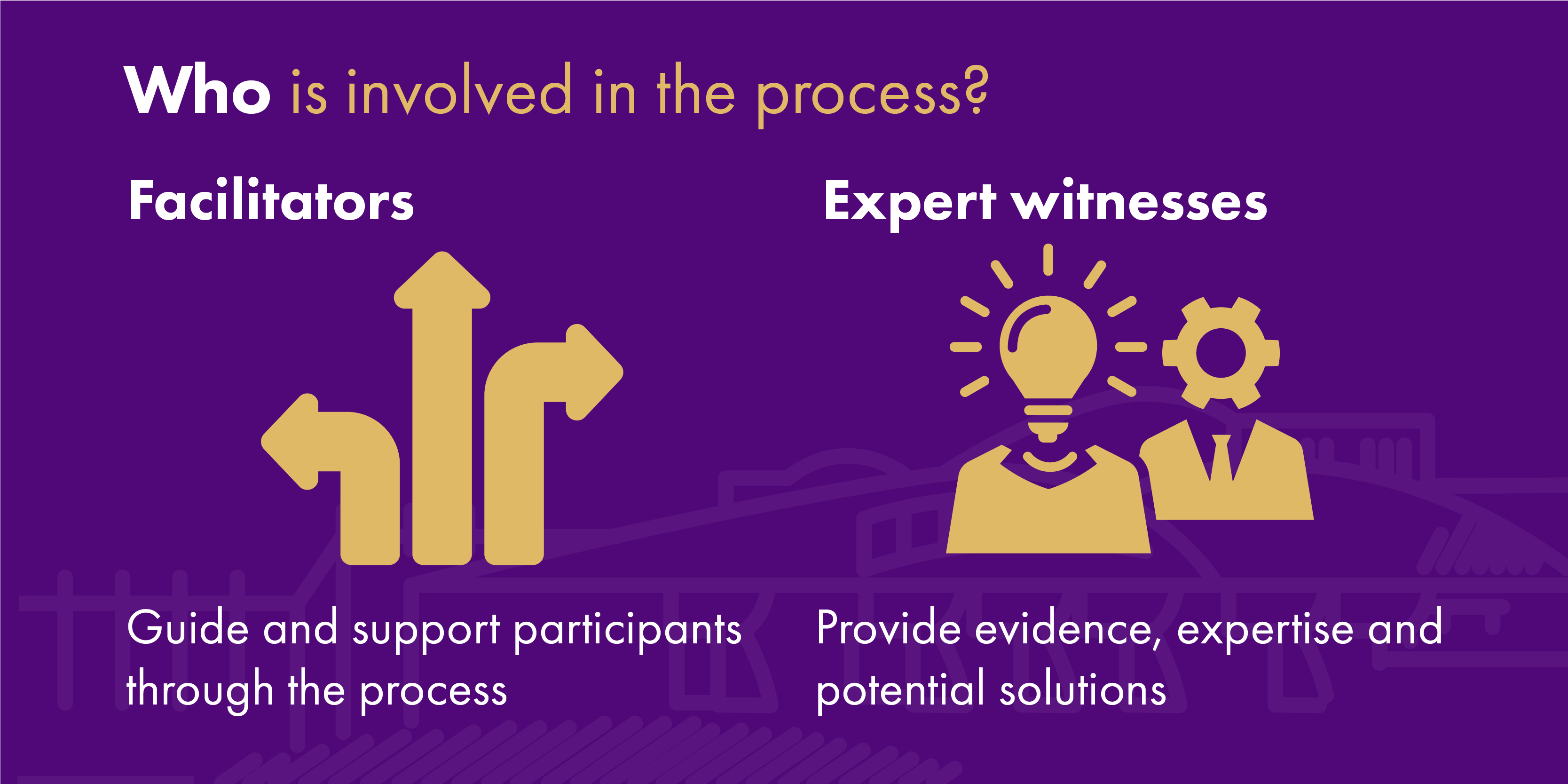 Infographic explaining the facilitation process. On a purple background, the title reads "Who is involved in the process?". The infographic shows two headers and images. On the left, the header says 'Facilitators" has three arrows beneath it pointing in different directions, and the caption "Guide and support participants through the process". On the right, the header is 'Expert Witnesses', above a graphic of two figures shown from the chest up. One figure has a light bulb where their head would be. The other figure, wearing a suit and tie, has a machinery cog instead of a head. The caption beneath says "Provide evidence, expertise and potential solutions".